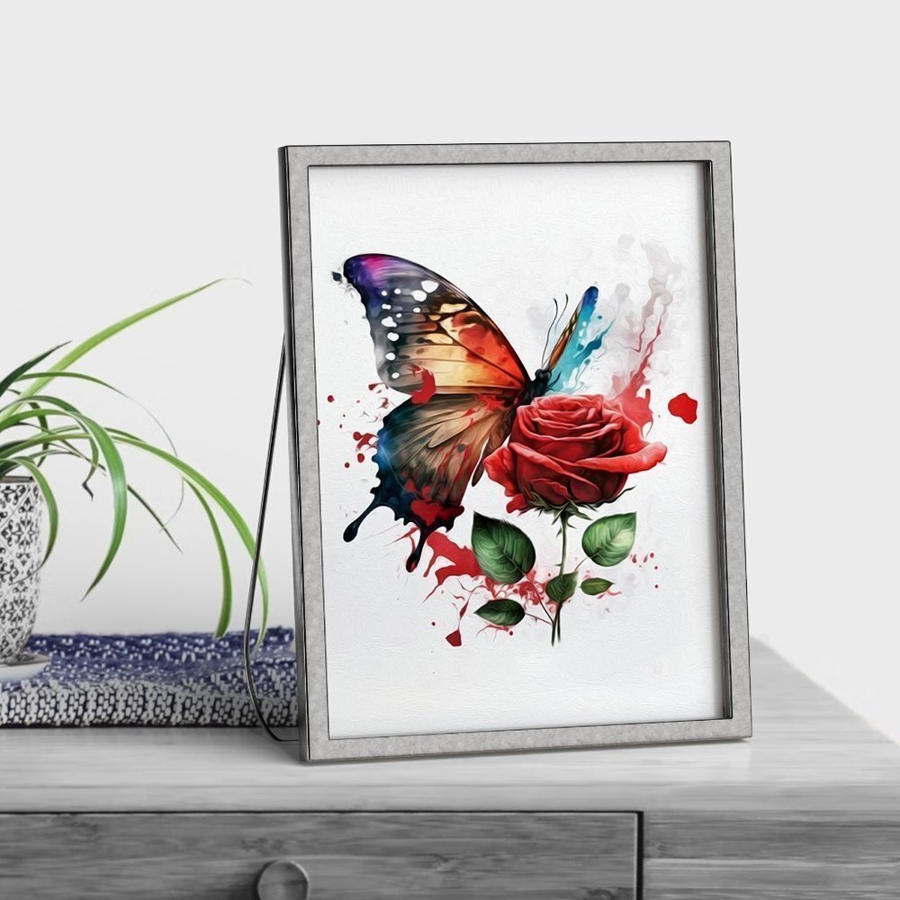 5x7 Butterfly with a Single Red Rose Watercolor Oil Painting Art Print - Picture 2 of 7